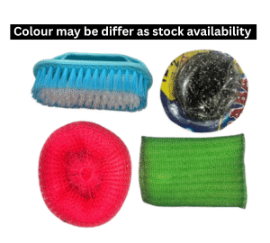 4-in-1 Kitchen Cleaning Combo Pack – Nylon Scrubber, Steel Scrub, Cleaning Brush & Mesh Scrub Pad (Random Colours)