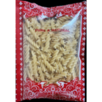 200 gram spiral fusilli pasta packed in transparent plastic pouch with red border packaging