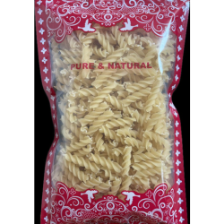 400 gram spiral fusilli pasta packed in transparent plastic pouch with red border packaging